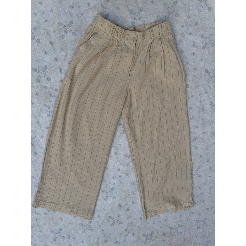 Belle Vere Linen Blend Wide Leg Cropped Pants 8 Ecru Thin Black Stripes
